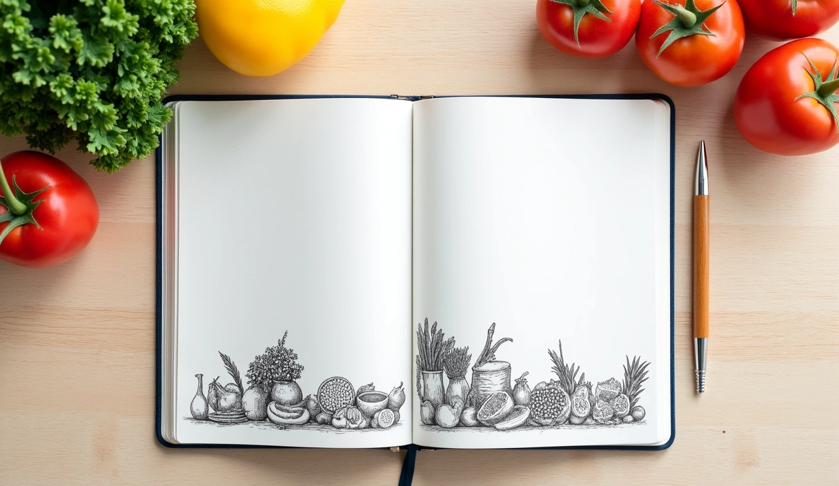Open notebook with healthy food sketches and a pen, symbolizing knowledge and learning