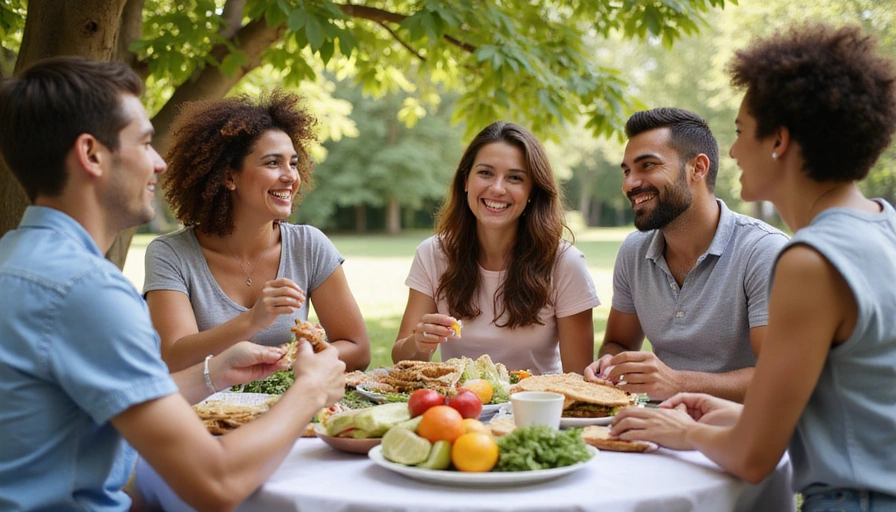 Boldog emberek egészségesen étkeznek egy pikniken