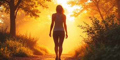 Energikus nő mosolyogva sétál a természetben