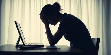 Fáradt nő ül az asztalánál