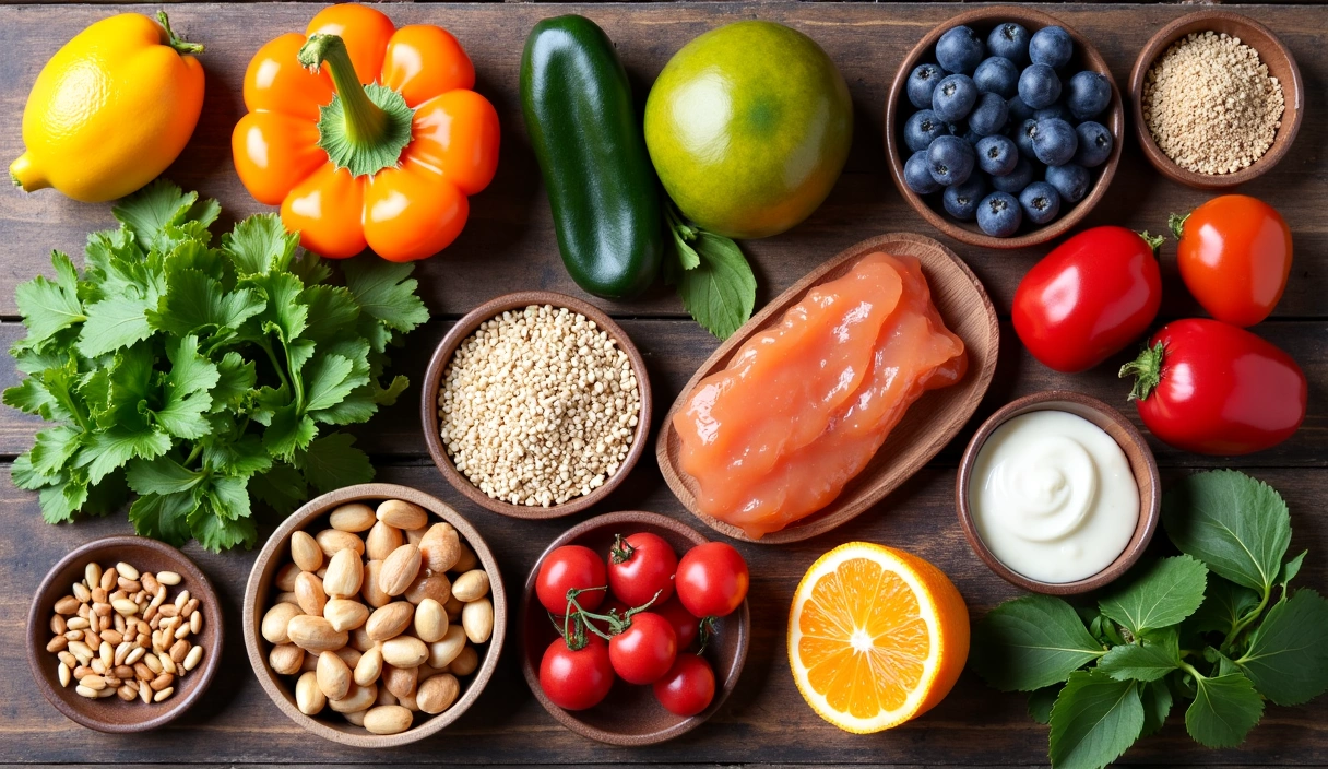 Diverse healthy food items arranged aesthetically, representing various dietary needs, with no text or letters.